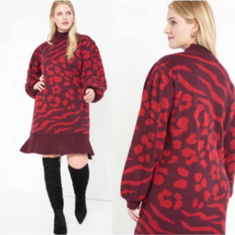 Eloquii Animal Print Ruffle‎ Hem Sweater Dress 14/16